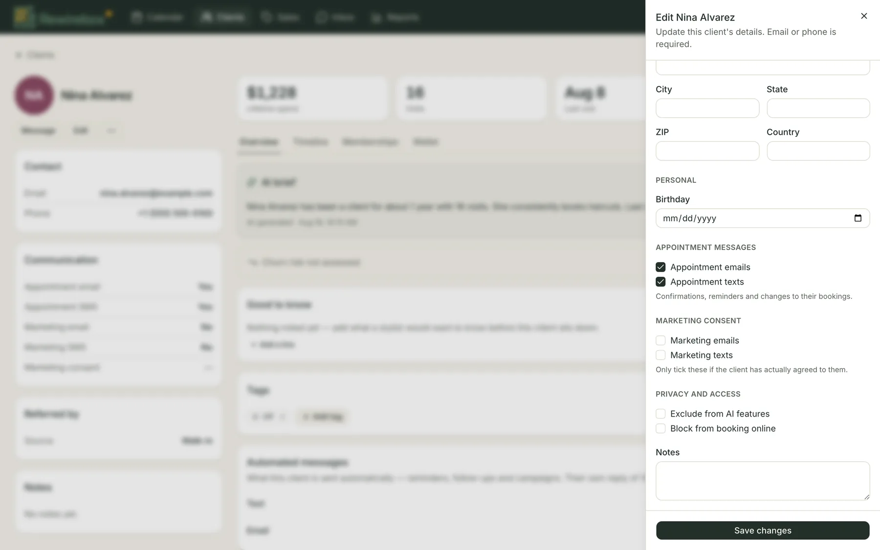 The Edit client sheet scrolled to its Privacy and access section, showing an unticked Exclude from AI features checkbox above Block from booking online, under the appointment-message and marketing-consent boxes, with the client record dimmed behind it.