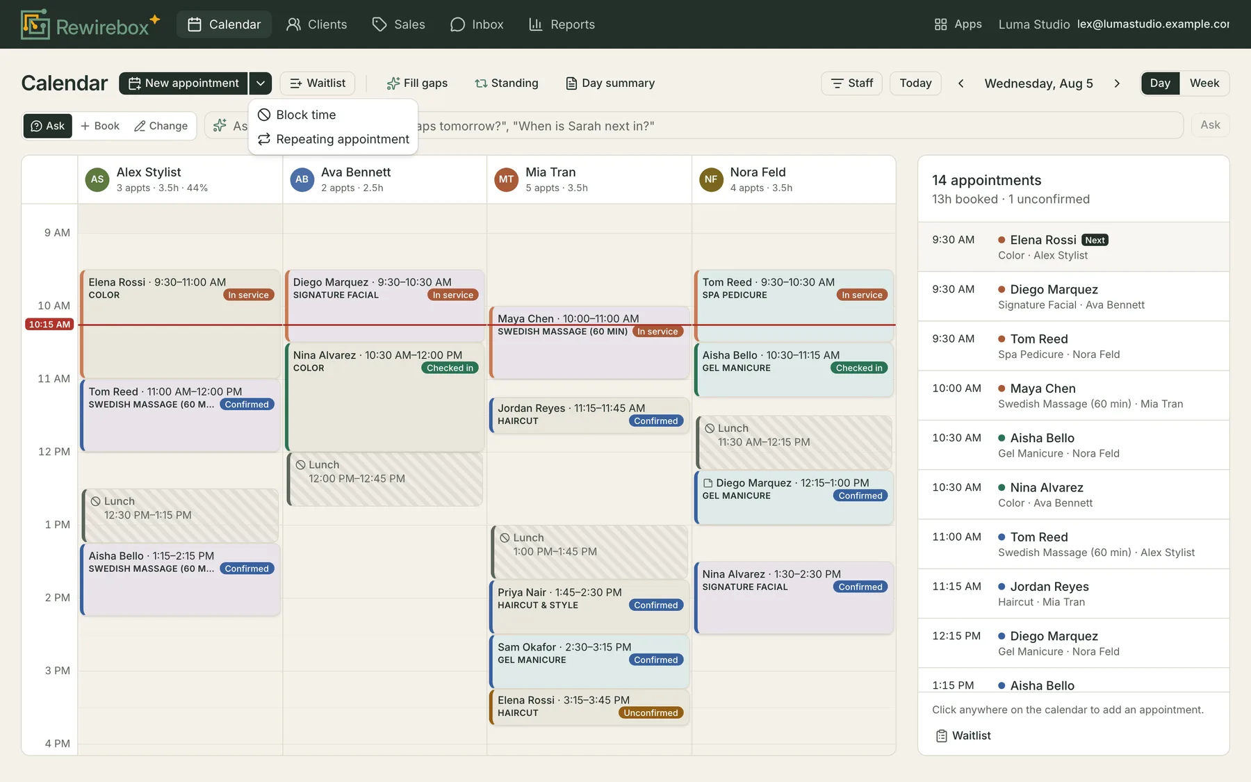 The dropdown next to the New appointment button, offering Block time and Repeating appointment.