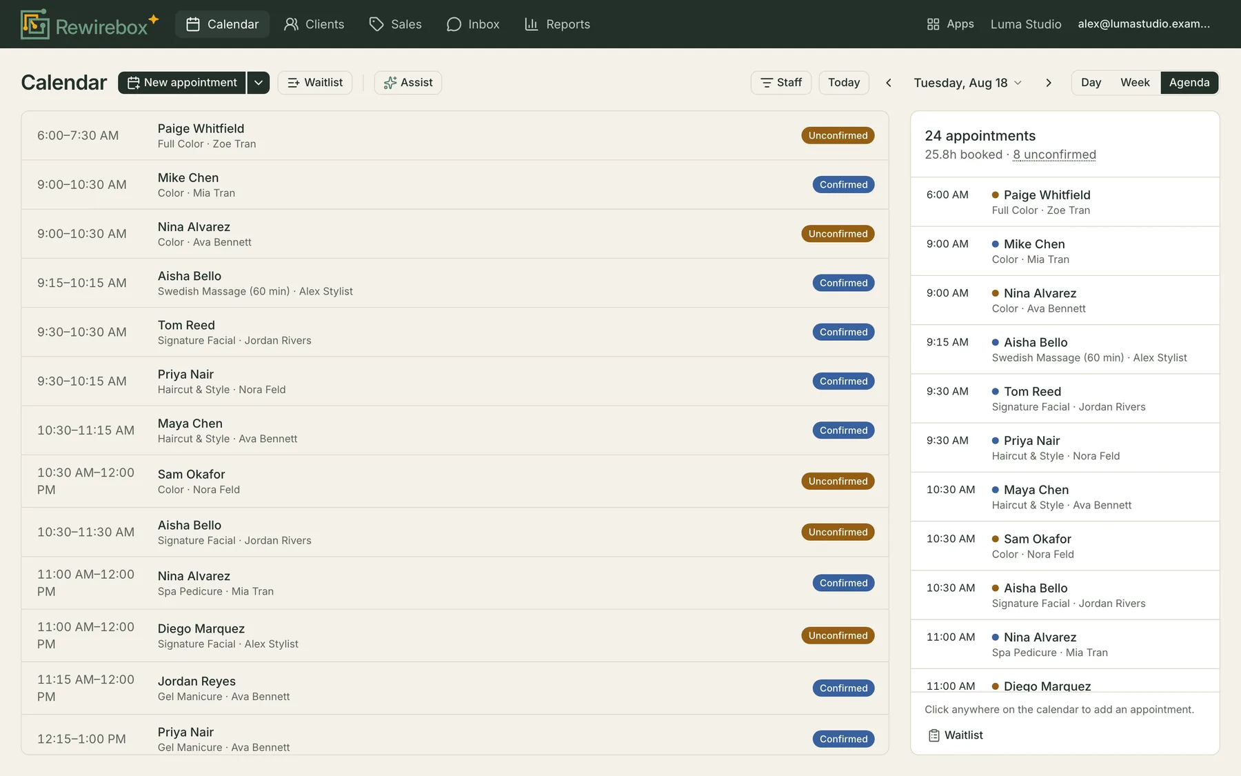 Agenda view: the day as one full-width chronological list, each row showing the time range, the client, the service, the stylist and a status pill reading Confirmed or Unconfirmed.