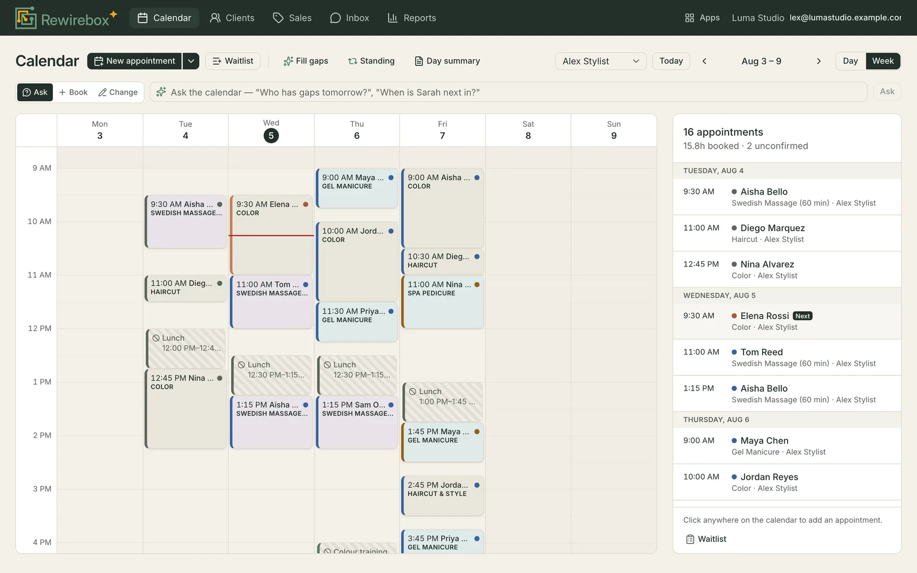 The calendar in week view, showing one stylist's seven-day schedule with a staff picker in the toolbar.