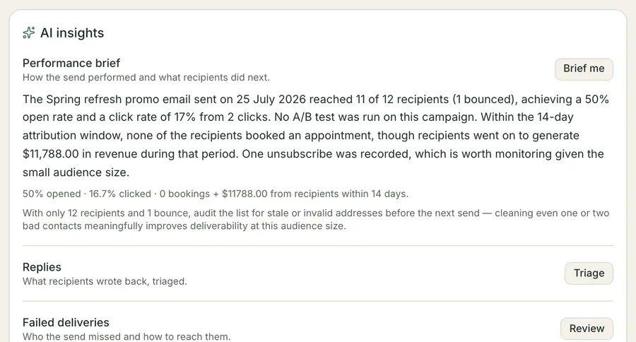 The AI insights panel on a sent campaign: a written performance brief reporting opens, clicks, the bounce and the unsubscribe, and how many bookings and how much money came from recipients inside the attribution window.