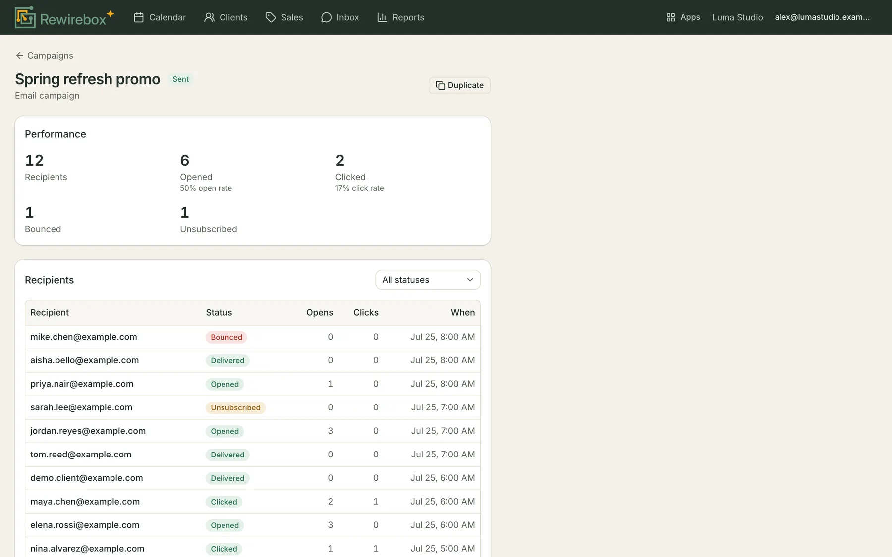 A sent campaign's results: recipients, opened, clicked, bounced and unsubscribed as counts with rates, above a per-recipient table showing each address, its delivery status and how many times it was opened.