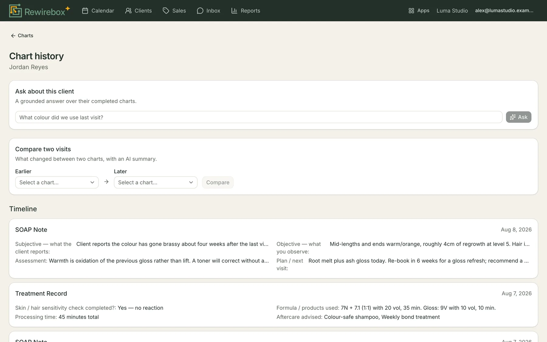 A client's chart history: an ask-a-question box, a compare-two-visits panel, and a timeline of every chart with the first few fields summarised under each.
