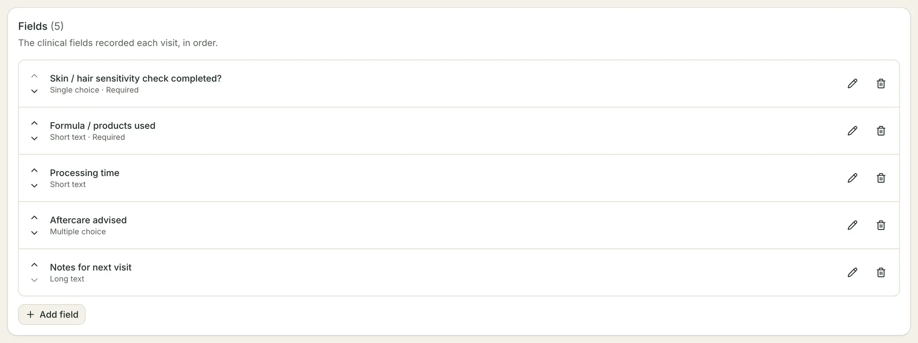 A chart template's five fields in order, each showing its prompt and underneath it the field type and whether it is required, with an Add field button below.