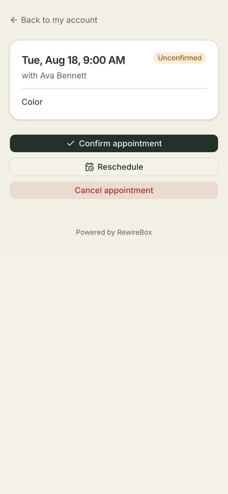 One appointment on a client's portal page: the service, stylist, date and time with an Unconfirmed badge, then Confirm appointment, Reschedule and Cancel appointment buttons stacked full width.