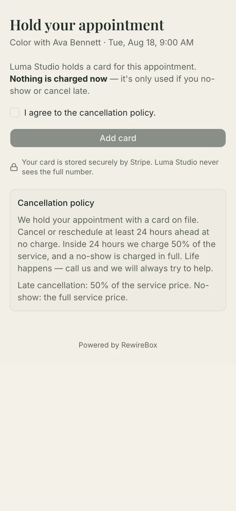 The card page on a client's portal: the appointment it belongs to, a line saying nothing is charged now and that the card is only used for a no-show or late cancellation, a tick-box agreeing to the cancellation policy, an Add card button, and the salon's cancellation policy in full underneath.