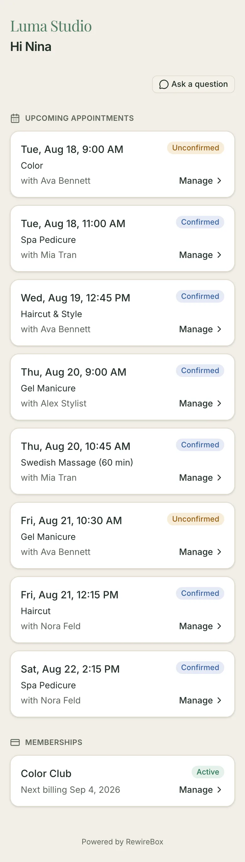 A client's portal page on a phone: the salon's name, a greeting by first name, an Ask a question button, then a card per upcoming appointment with its date, time, service, stylist and status, and their membership below.