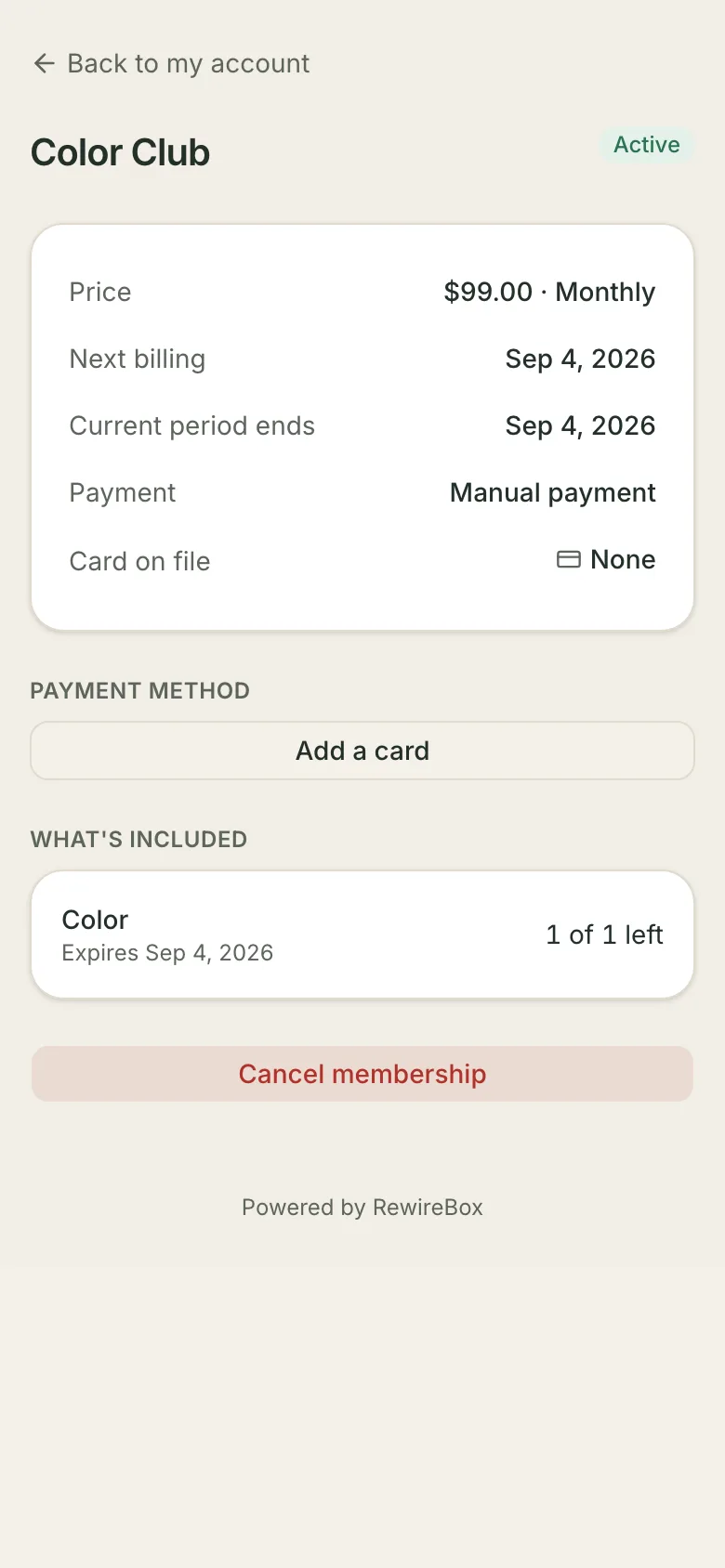 A membership on a client's portal page: its name and Active badge, then price and billing interval, next billing date, period end, payment mode and whether a card is on file, with what's included and how much is left, and a Cancel membership button at the bottom.