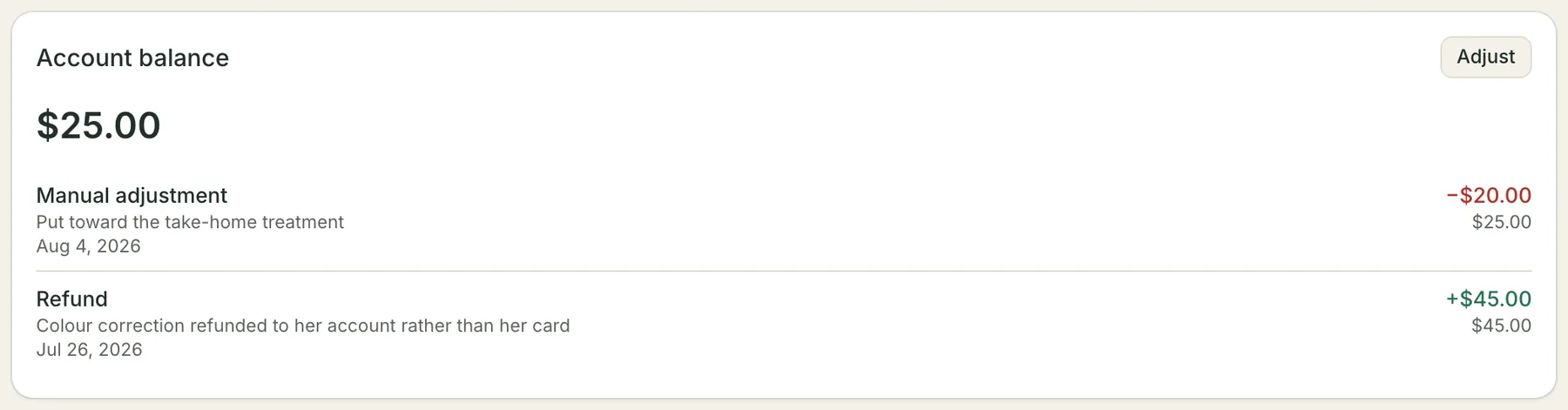 The Account balance card on a client's Wallet tab: a balance of $25.00 above two ledger rows — a refund paid onto the account and part of it spent — each showing the amount, the note and the balance after it.