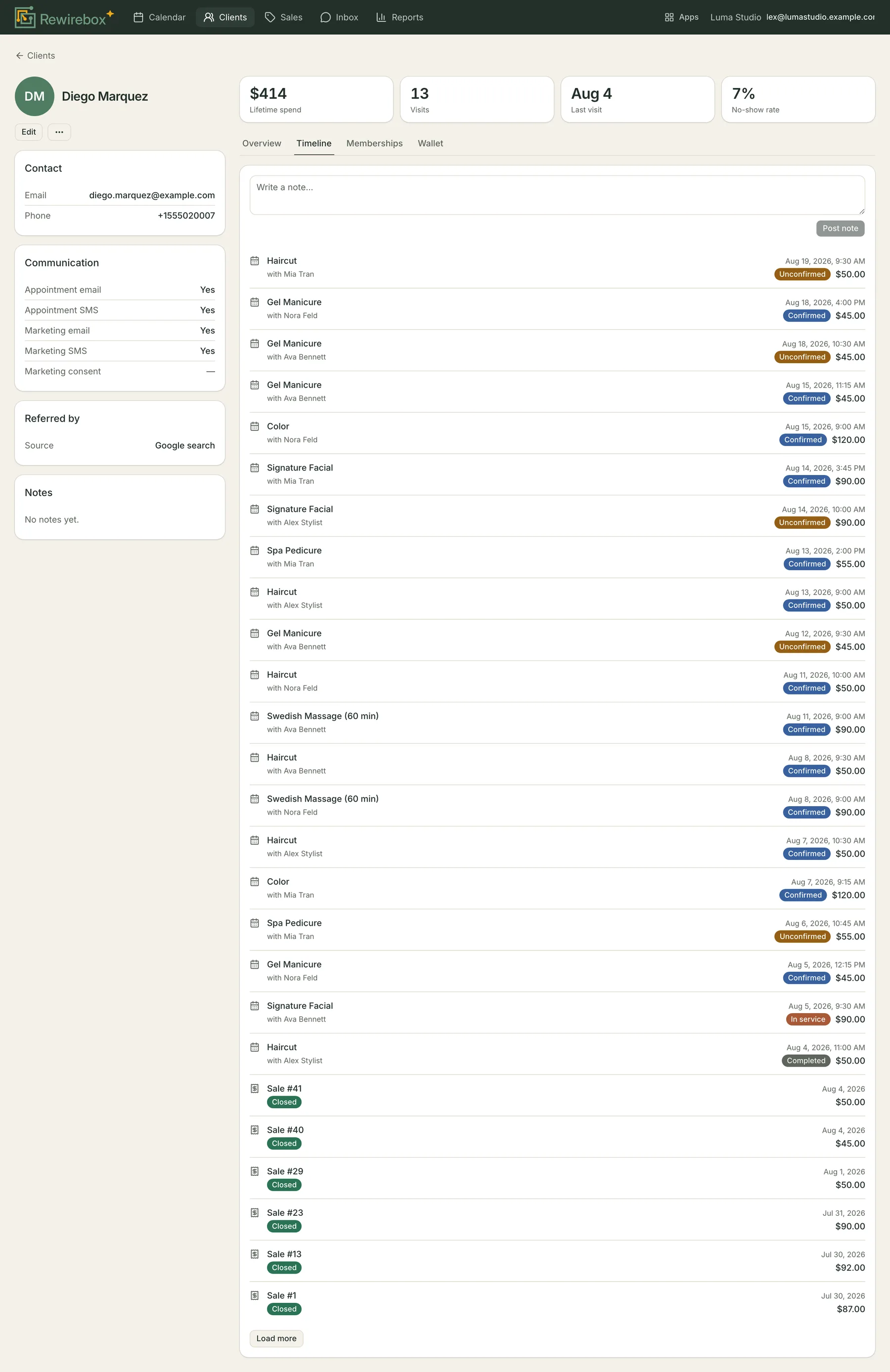 A client record showing lifetime spend, visits, last visit and no-show rate across the top, with the timeline tab open below listing past appointments and sales.