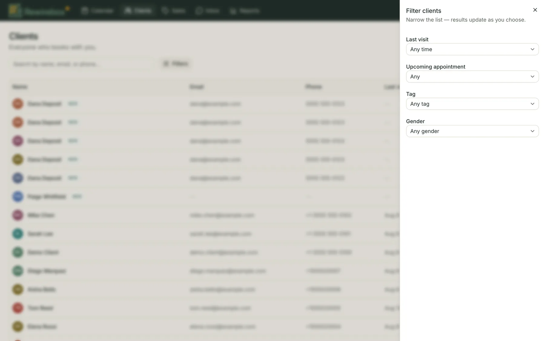 The client filter panel open beside the list, with options for last visit, upcoming appointments and tags.