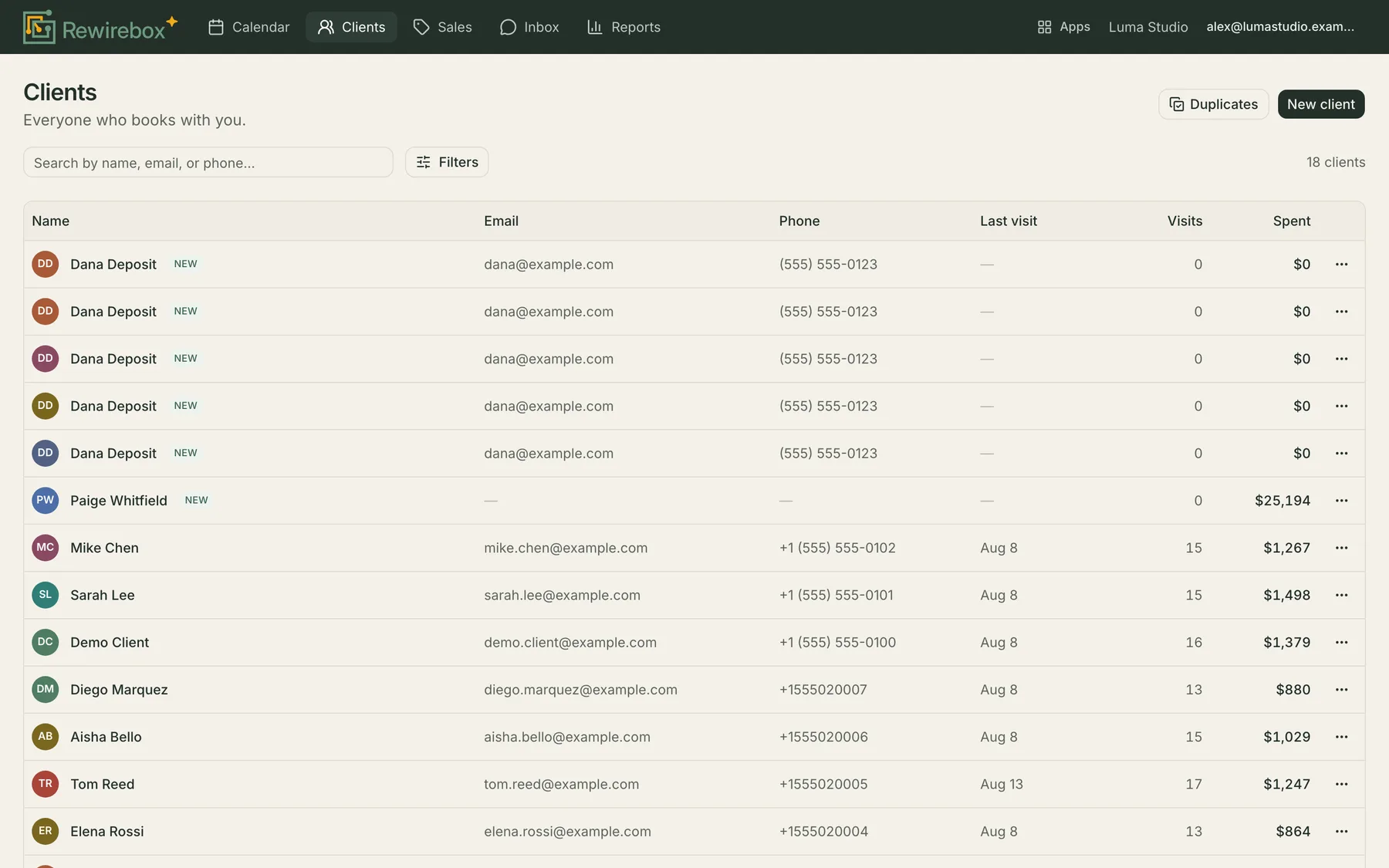 The client list — a table of names with email, phone, last visit, number of visits and lifetime spend for each person.