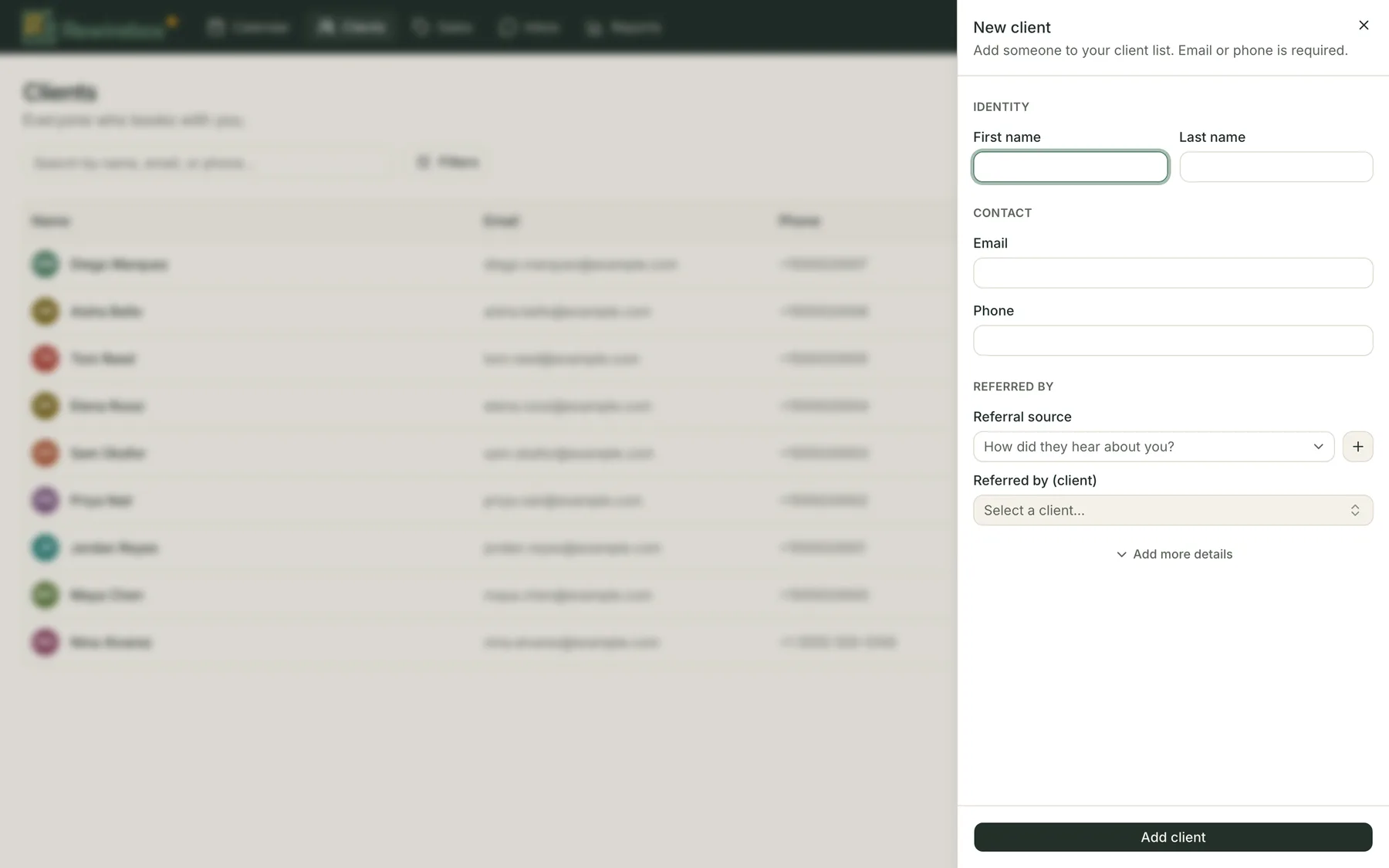 The new client panel with fields for first name, last name, email and phone, and an Add more details link below them.