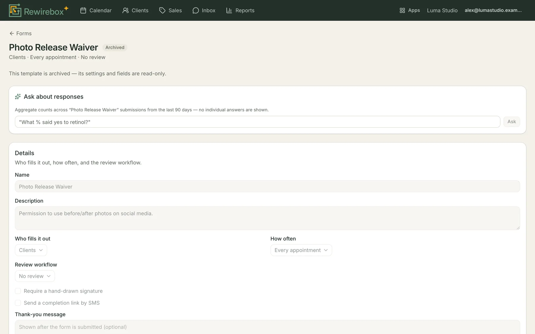 A form open in the builder, with its questions listed in order and the field types beside them.