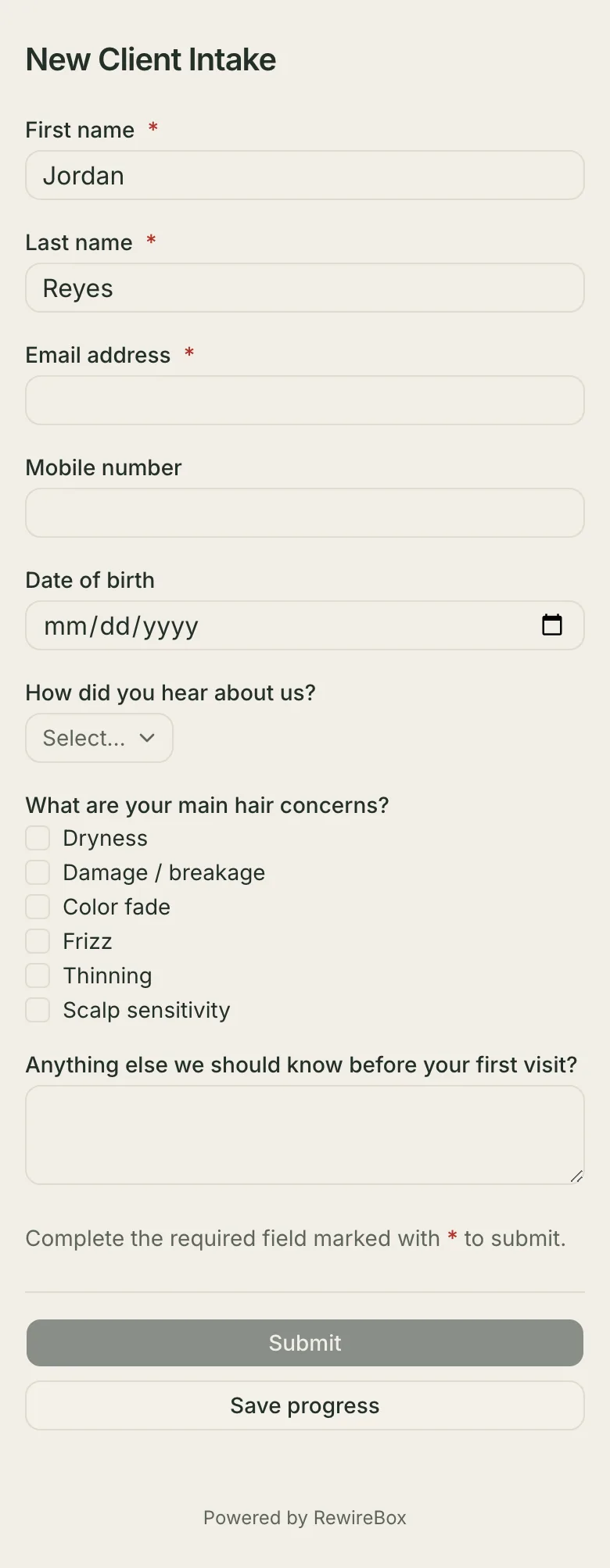 A client's intake form open on their phone: the form's name, then every question on one scrolling page — first and last name already answered, email, mobile and date of birth, a How did you hear about us dropdown, hair-concern tick boxes and a free-text box — above a Submit button greyed out until the required fields are answered.