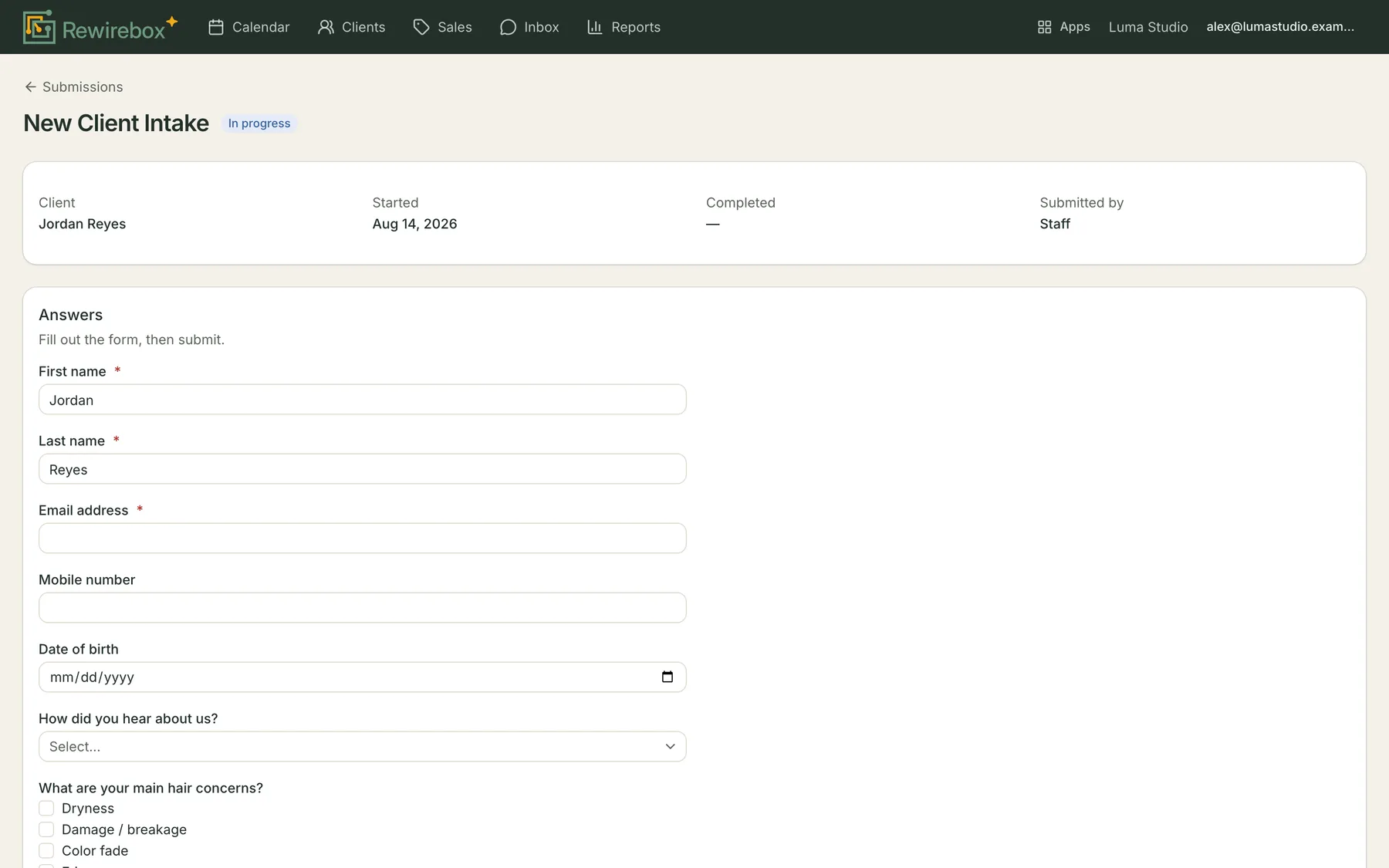 A completed form with the client's answers laid out question by question, ready to read before their visit.