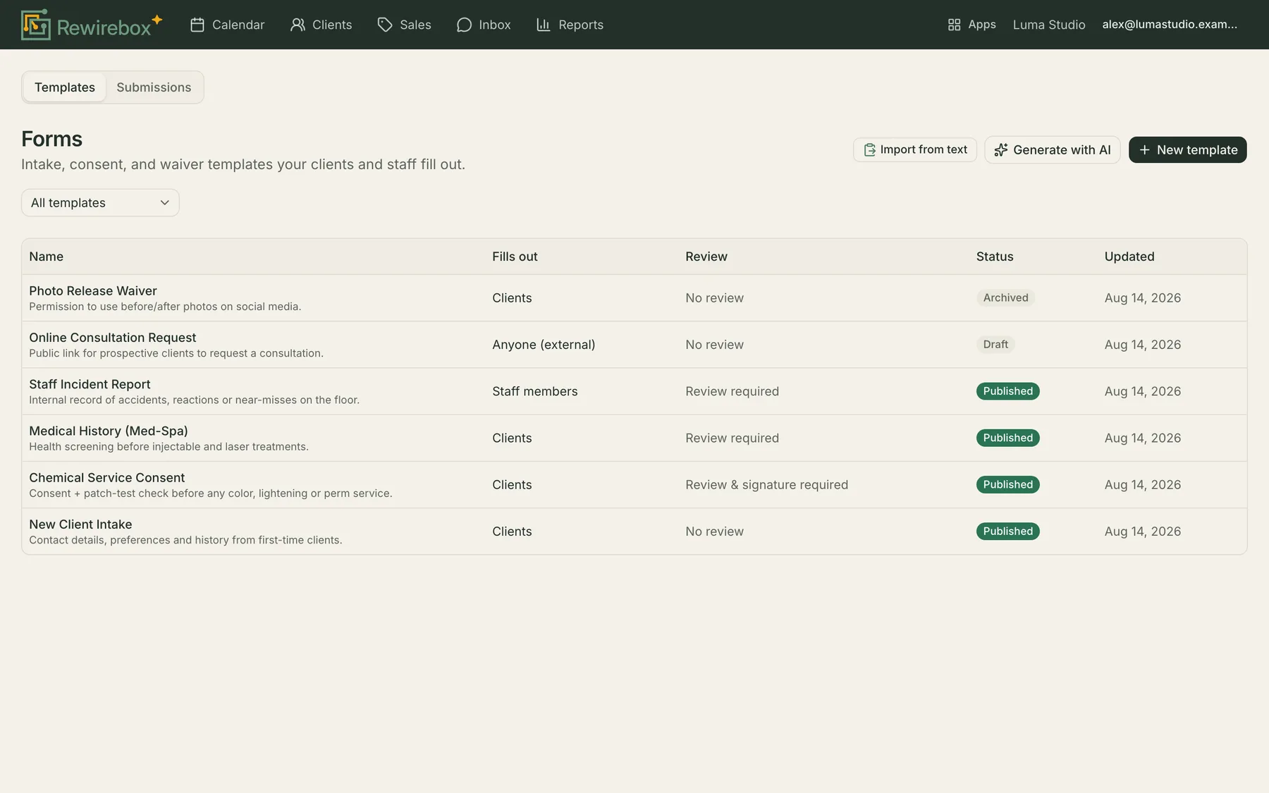 The forms list showing each template, whether it is published, and how many people have filled it in.