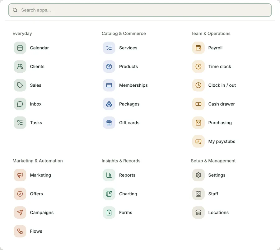 The Apps launcher open over the dashboard: a search box above six groups of apps — Everyday, Catalog and Commerce, Team and Operations, Marketing and Automation, Insights and Records, and Setup and Management — each app a tinted icon tile with its name.