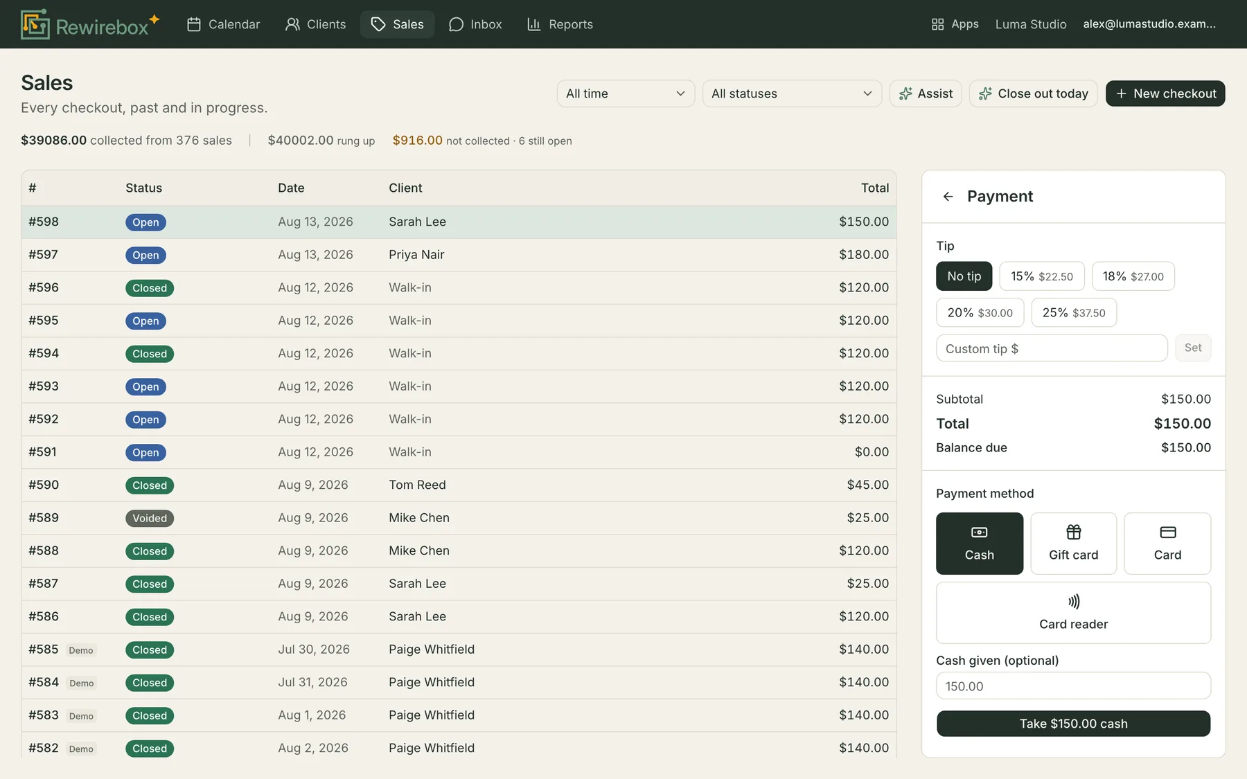 The payment step of a checkout, offering Cash, Gift card, Card and Card reader as ways to settle the bill, above the tip options.