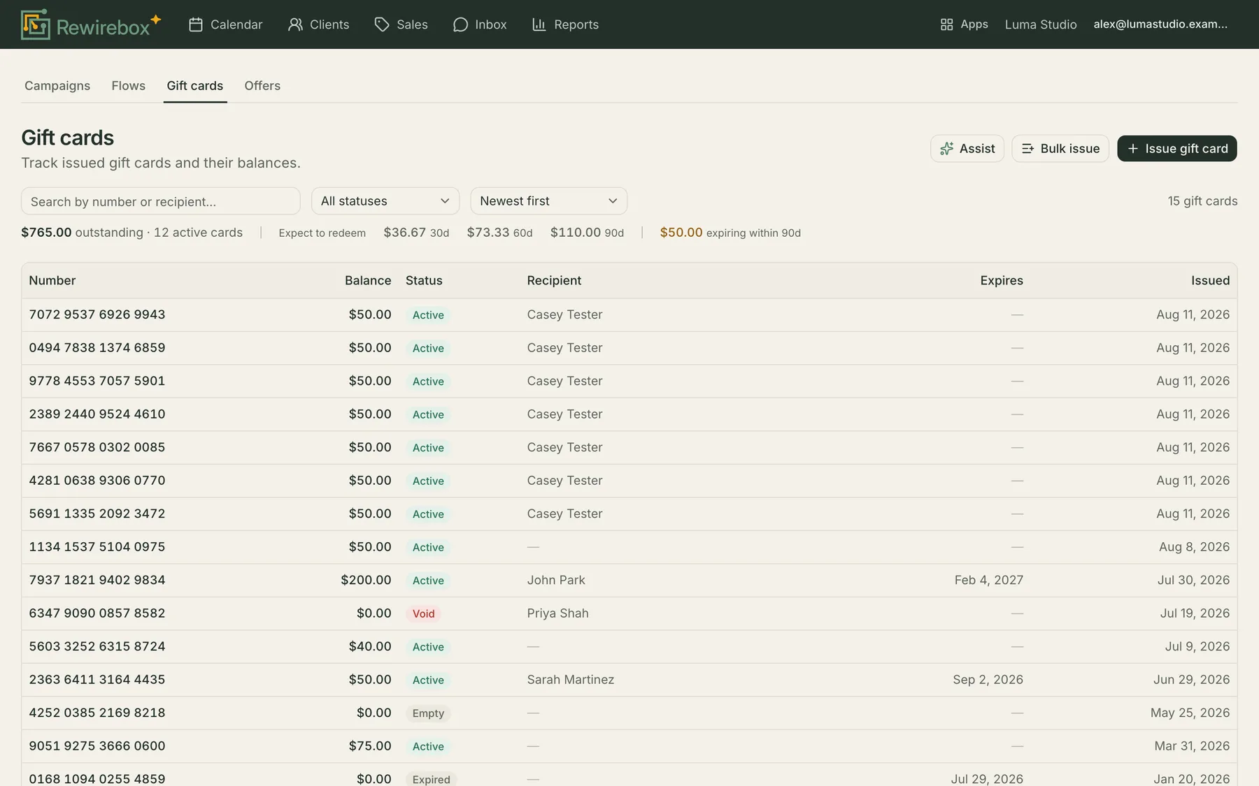 The gift card list in RewireBox, each row showing the card, who it was issued to, its balance and its status.