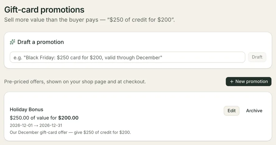 The Gift-card promotions screen: a Draft a promotion box with an example prompt, and below it one offer — Holiday Bonus, $250.00 of value for $200.00, running 2026-12-01 to 2026-12-31, with Edit and Archive beside it.