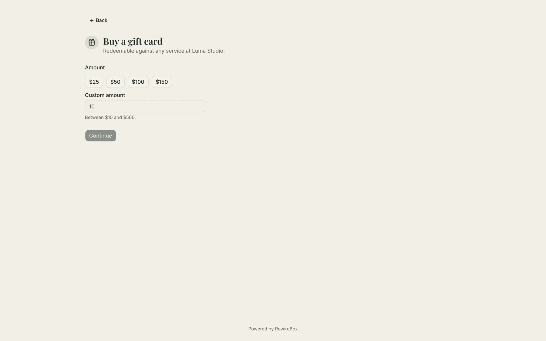 The public gift card page on a salon's own storefront, offering preset amounts of $25, $50, $100 and $150 or a custom amount.