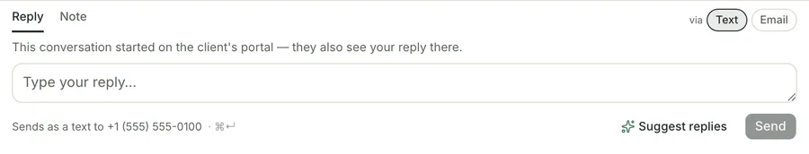 The reply box at the foot of a conversation, with a Suggest replies button beside Send, the channel pills above, and a line reading Sends as a text to the client's number.