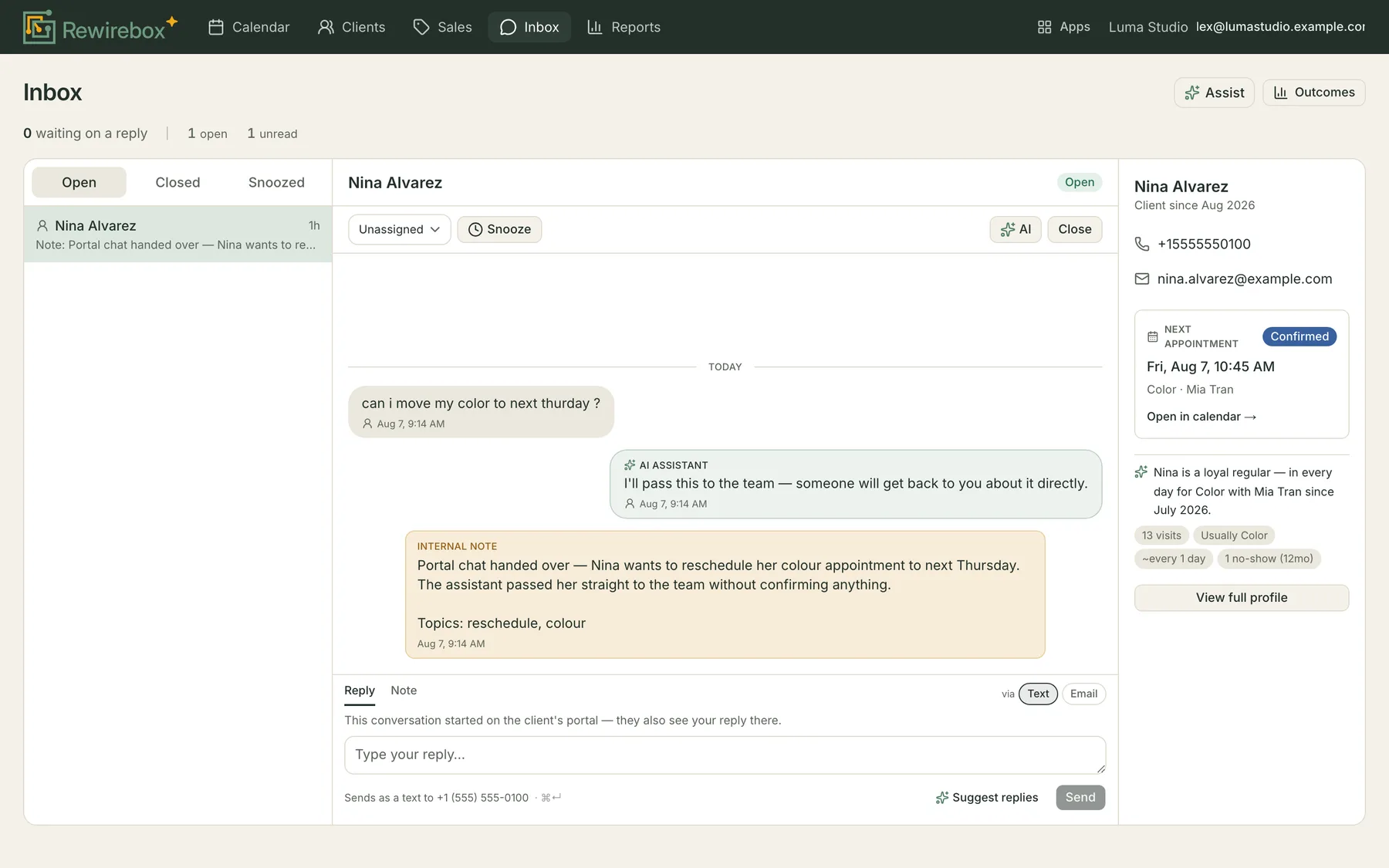 The reply box at the foot of an inbox conversation, with Reply and Note tabs, the channel pills marked via Text and Email, and a line stating the message will send as a text.