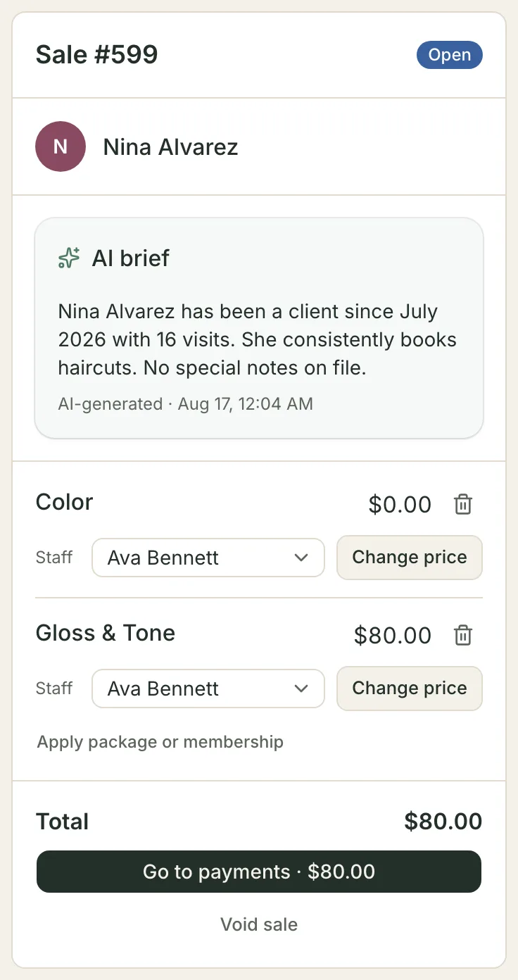 An open checkout for a member: a Color line reduced to $0.00 with the stylist beside it, a Gloss & Tone line still at $80.00, and a total of $80.00 above the Go to payments button.