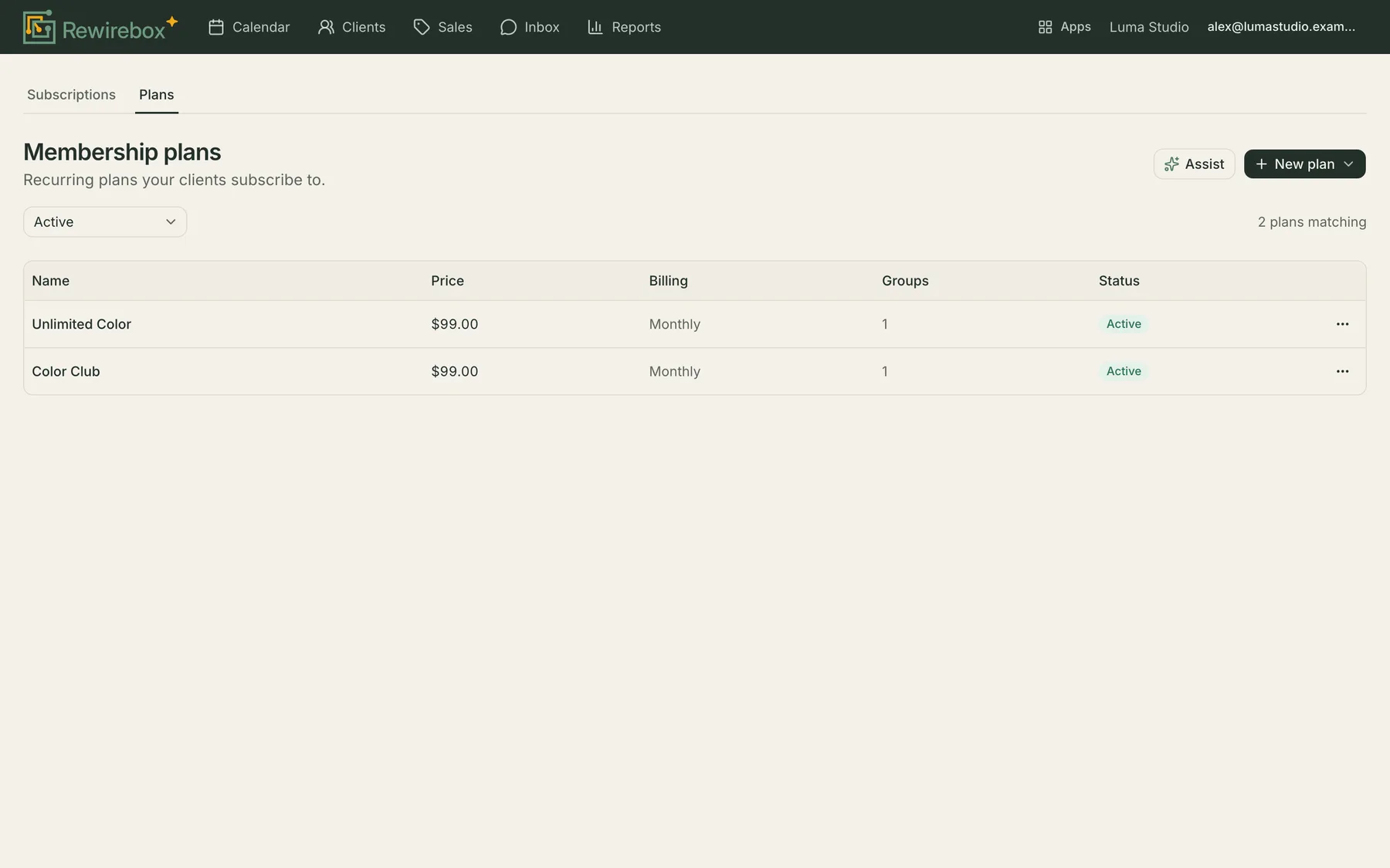 The membership plans list in RewireBox, with each plan's price, billing cadence and how many members are on it.