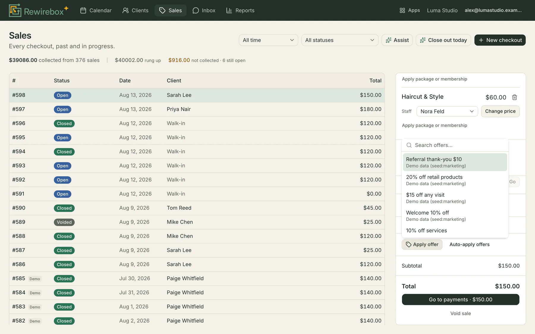 An open sale with the Apply offer picker listing every live offer by name beside an Auto-apply offers button, above the running subtotal and total.