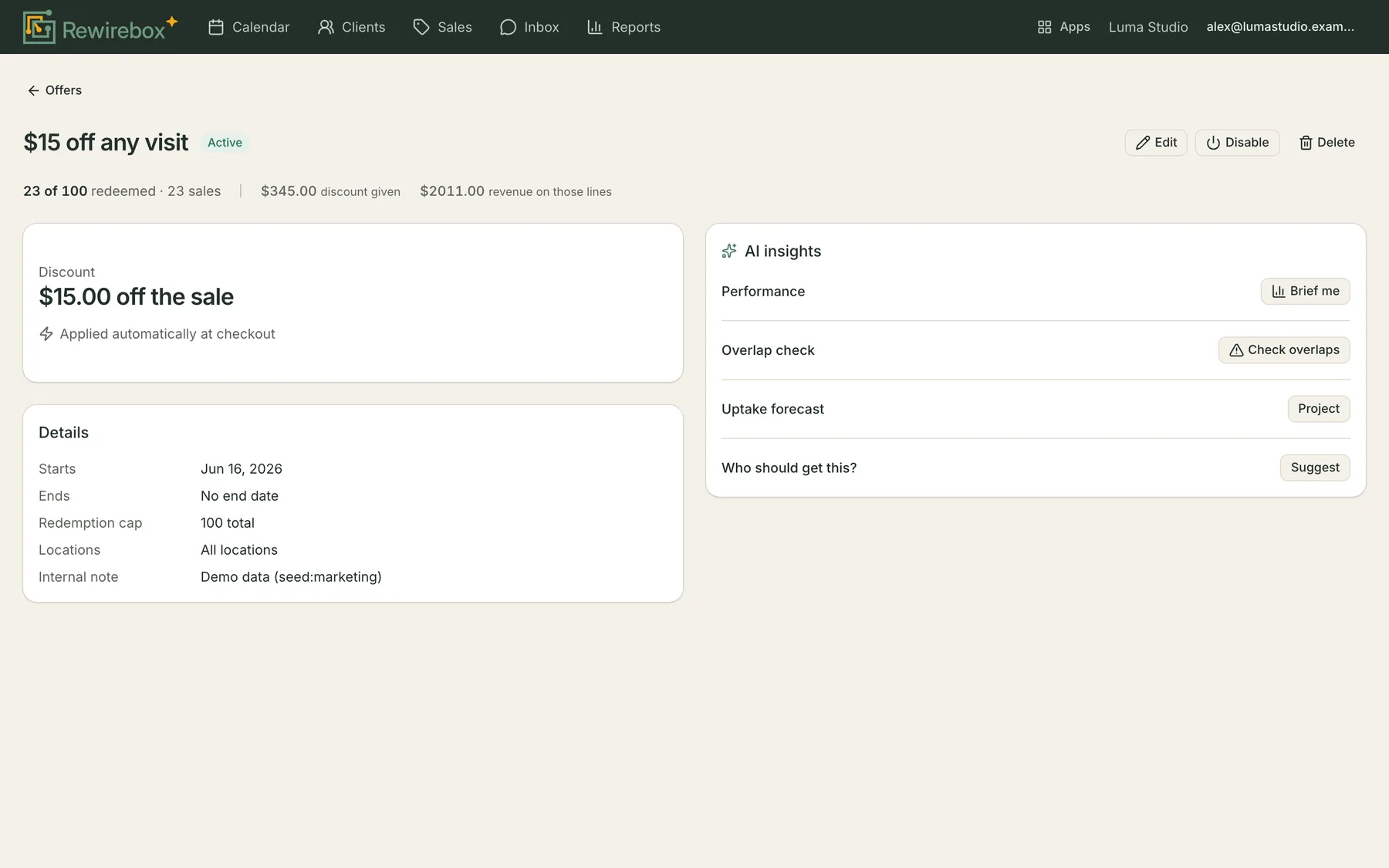 A single offer's page showing 23 of 100 redemptions used, the total discount given, the revenue on the discounted lines, its discount and validity details, and four on-demand AI insights.