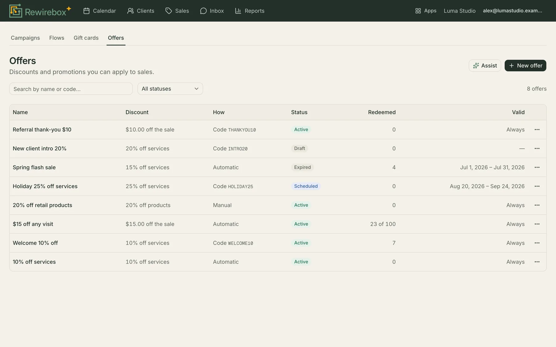 The offers list: each discount named with what it takes off, whether staff, a code or automation applies it, a status chip, redemptions counted against any cap, and its validity window.