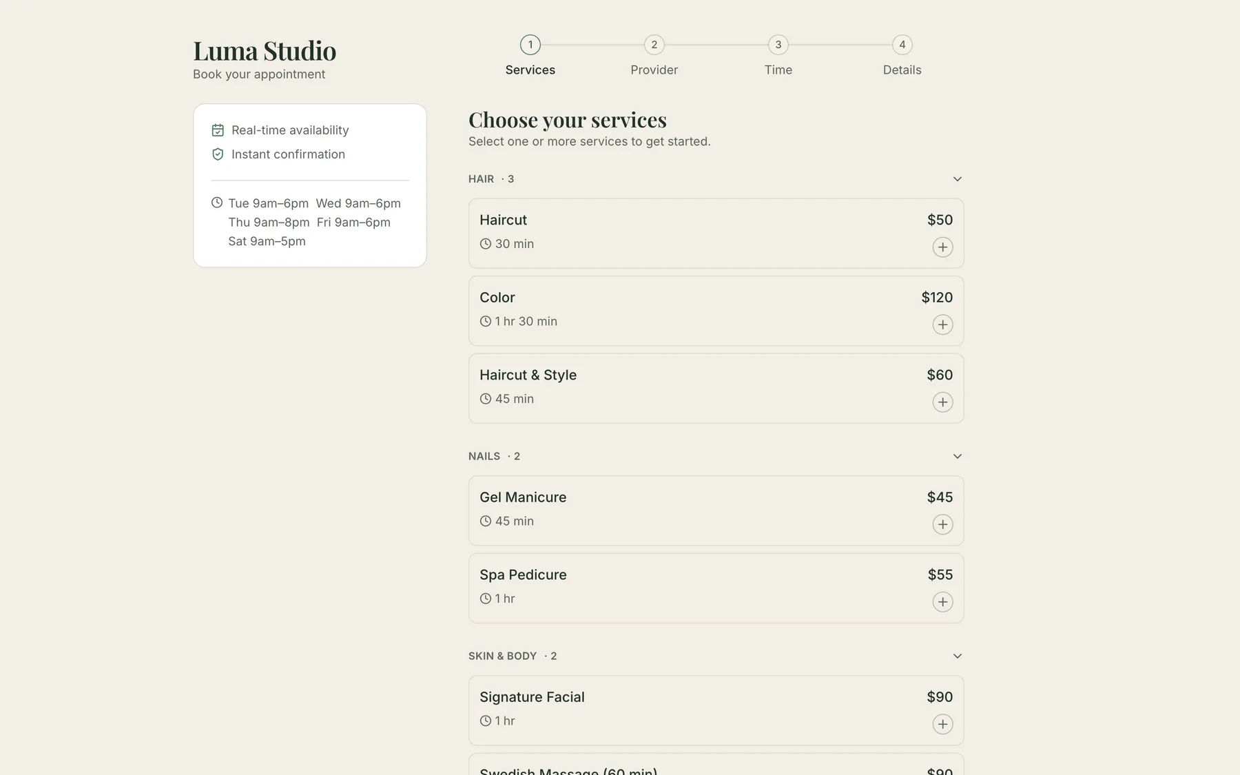 A salon's public booking page: services grouped by category with each one's duration and price, above a step indicator reading Services, Provider, Time, Details.