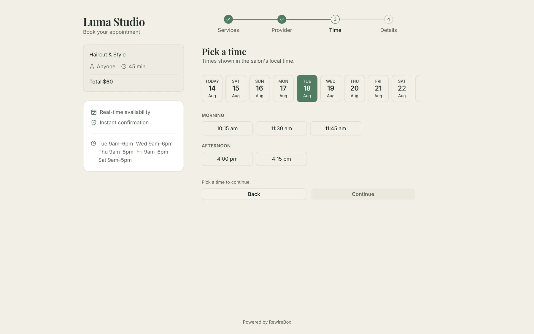 The time step of the public booking flow: a scrolling strip of the next three weeks of dates, with the chosen day's free times grouped under Morning and Afternoon.