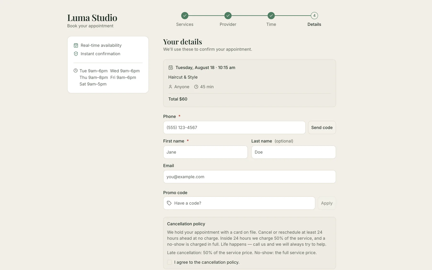The details step of the public booking flow: a phone field with a Send code button, name and email fields, the salon's cancellation policy with an I agree checkbox, and a disabled Book appointment button explaining what is still missing.