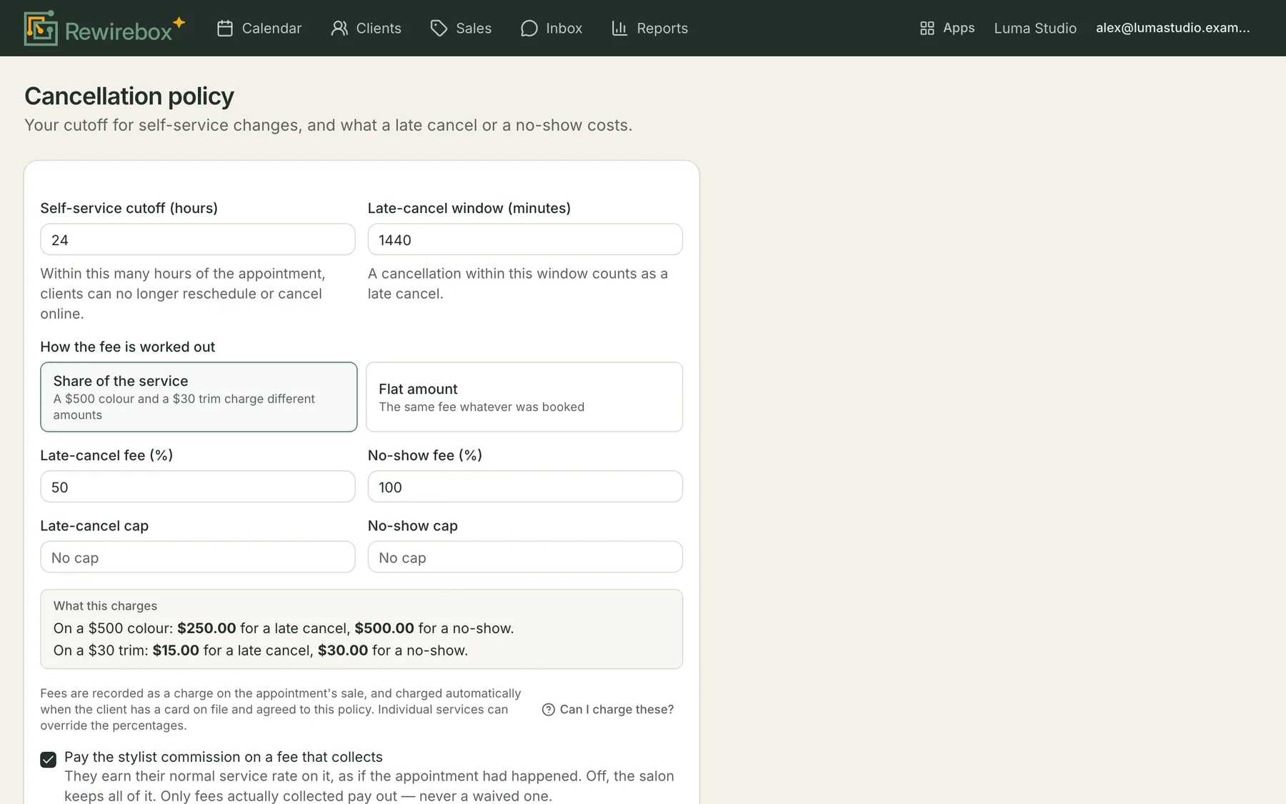 The cancellation policy screen: a self-service cutoff, a late-cancel window, late-cancel and no-show percentages with optional caps, and a worked example pricing both on a real service.
