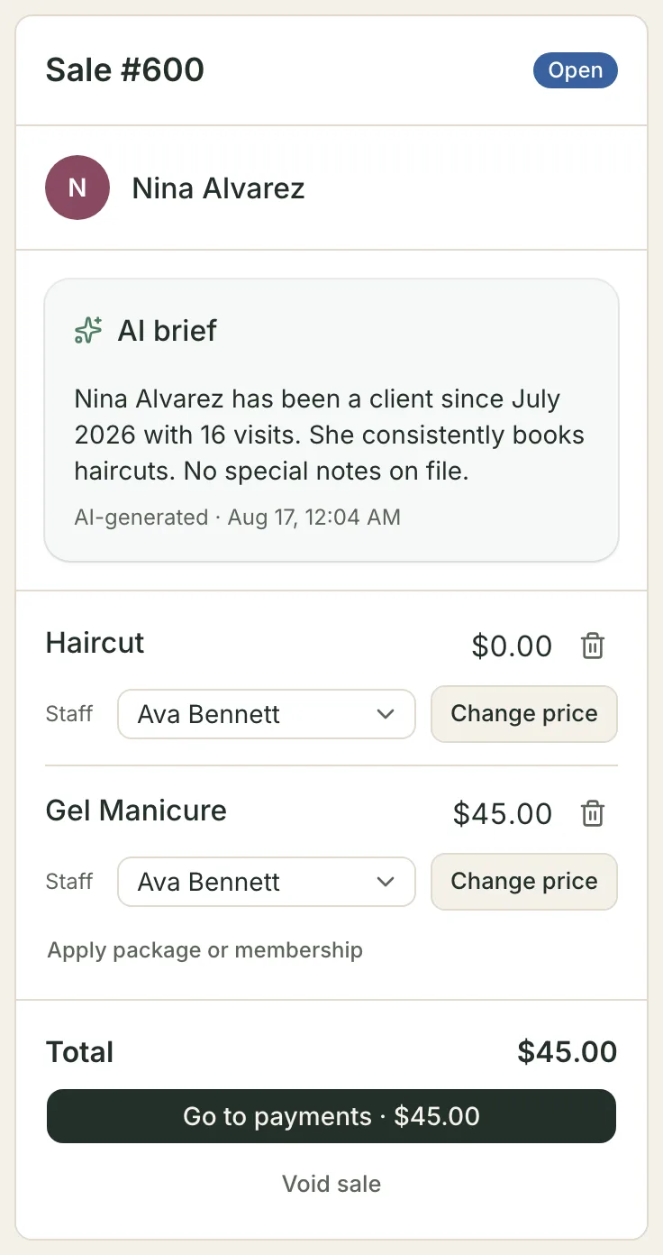 An open checkout for a client with a package: a Haircut line reduced to $0.00 with the stylist beside it, a Gel Manicure line still at $45.00, and a total of $45.00 above the Go to payments button.