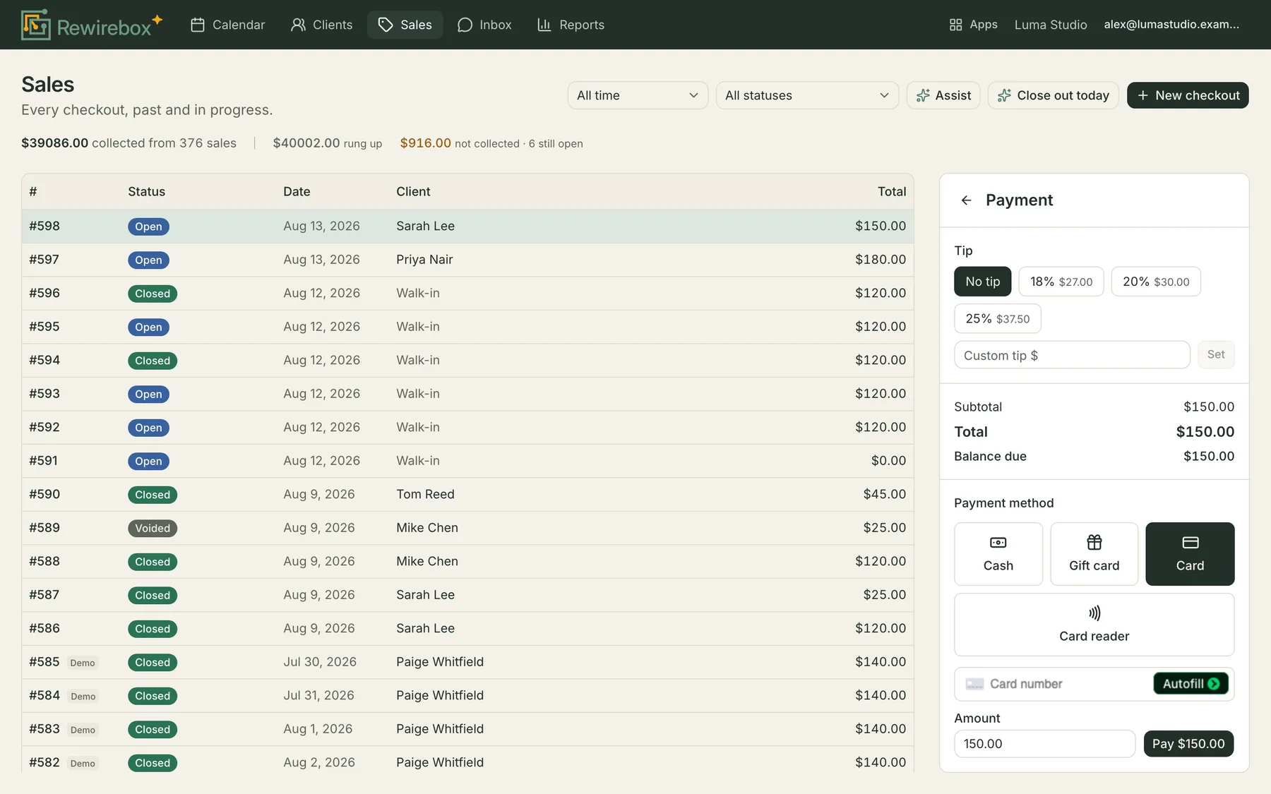 The Card tile selected on the payment step, revealing a card number, expiry and CVC field, an Amount box pre-filled with the balance, and a Pay $150.00 button.