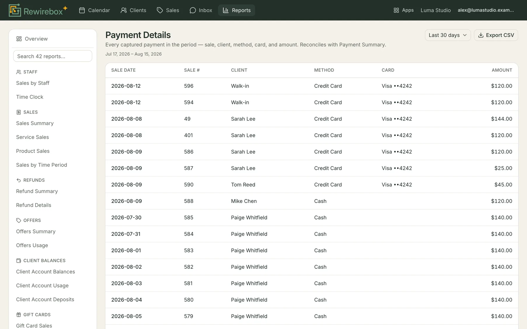 The Payment Details report: one row per captured payment with the sale date, sale number, client, method, card brand and last four digits, and the amount.