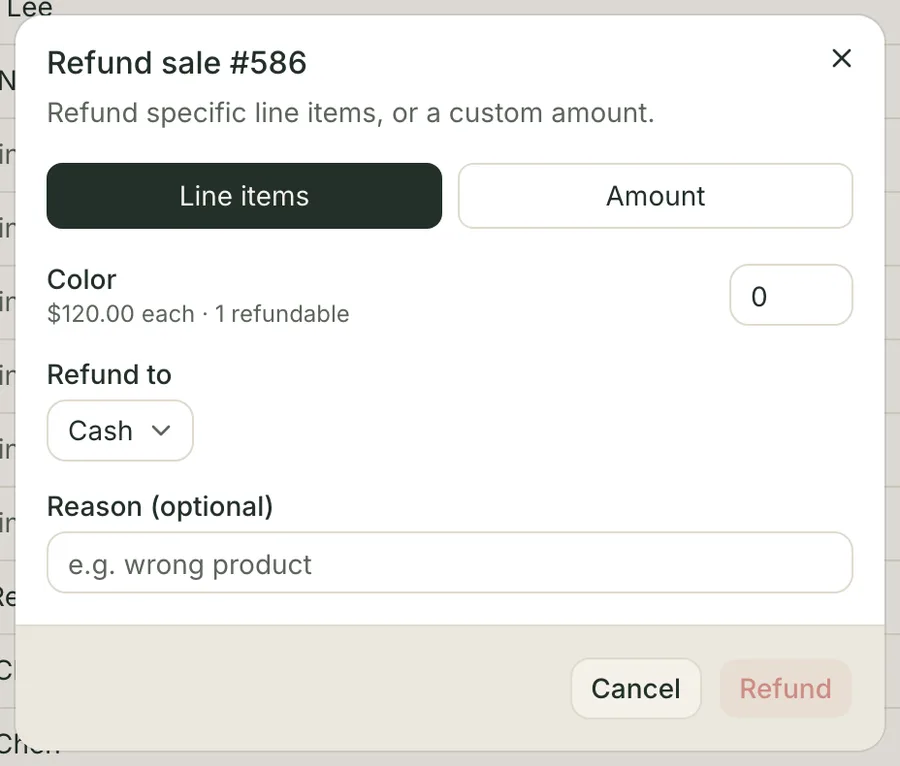 The refund dialog on a card-paid sale: Line items and Amount tabs, the one refundable service line, a Refund to picker set to Cash, and an optional reason box.