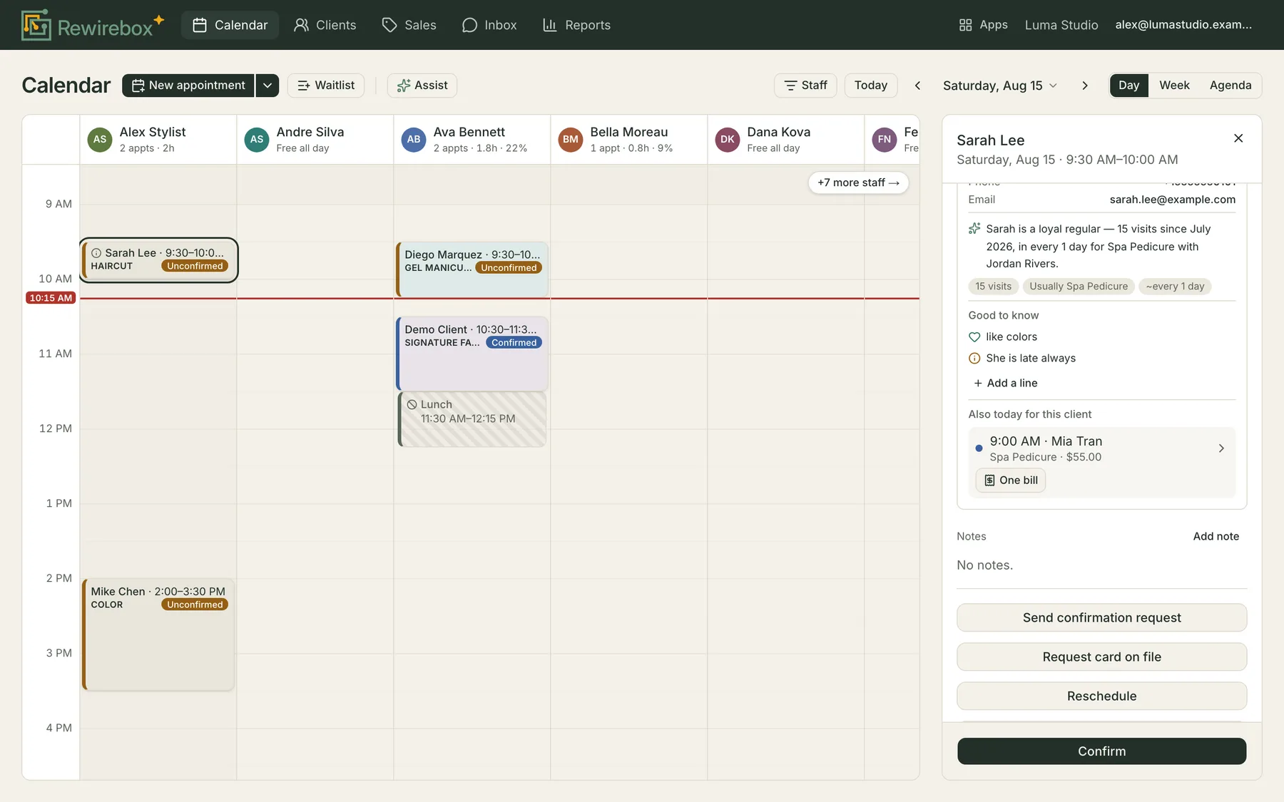 The appointment details panel open beside the calendar, scrolled to its actions: Send confirmation request, Request card on file and Reschedule, above a Confirm button, under the client's contact details and what else they have booked today.
