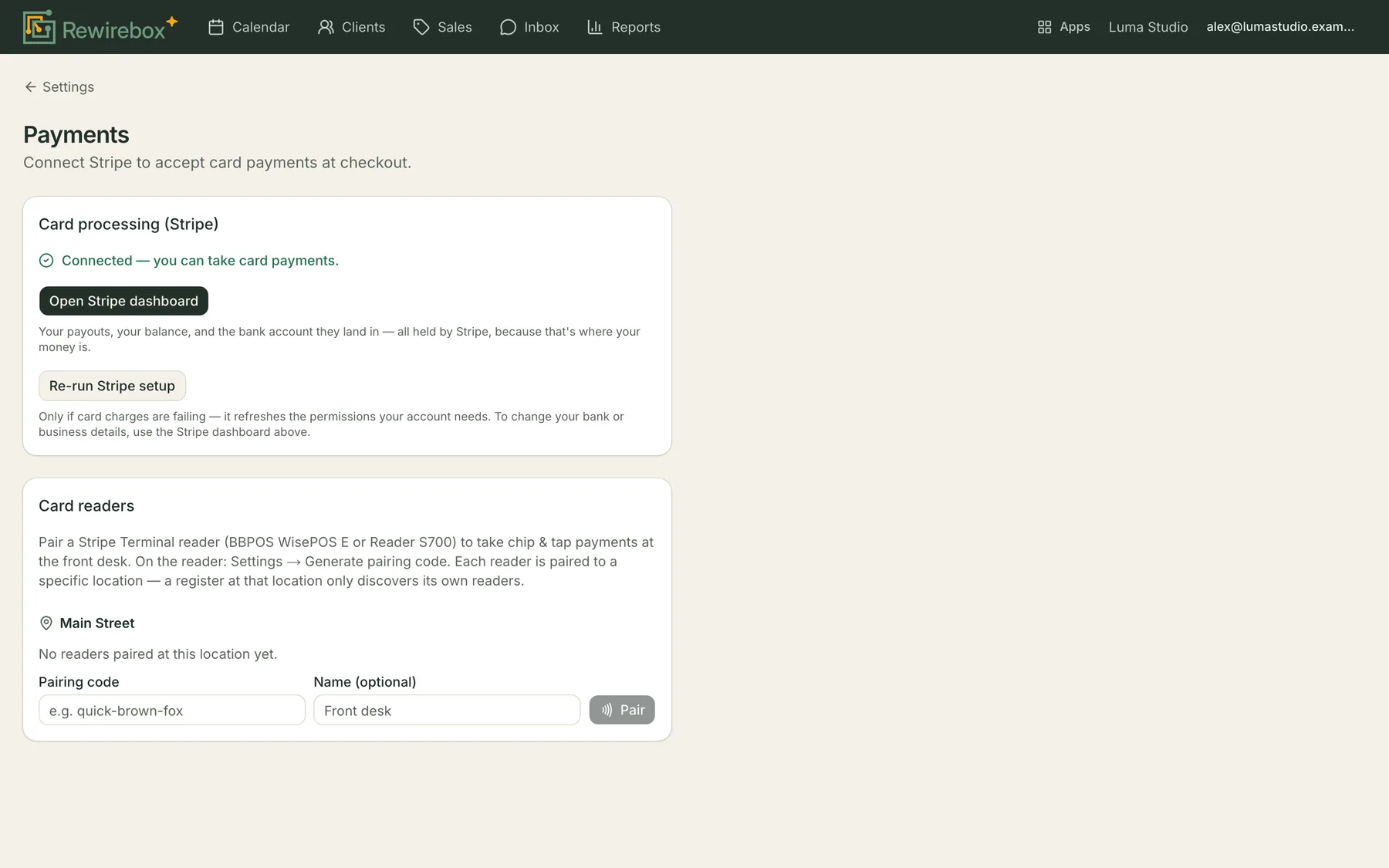The Payments settings screen: a Card processing (Stripe) card confirming the account is connected and can take card payments, with an Open Stripe dashboard button above a Re-run Stripe setup button, and the card readers section below.