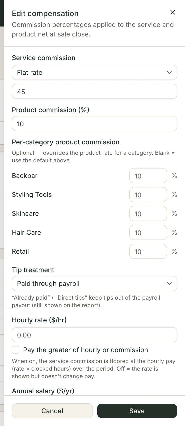 The Edit compensation dialog: service commission mode and rate, product commission with per-category overrides, tip treatment, and an hourly rate with a greater-of switch.