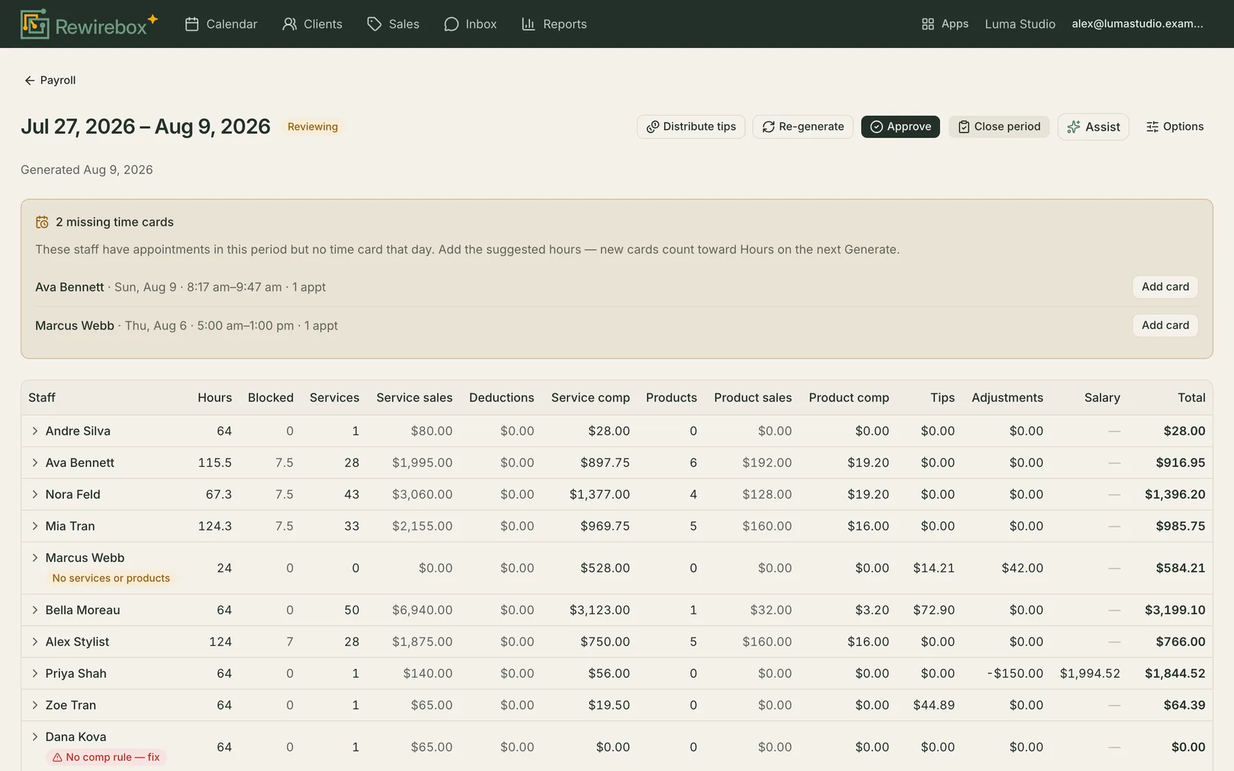 A pay period's report: one row per staff member with hours, service sales, commission, products, tips, adjustments, salary and the total each person is owed.