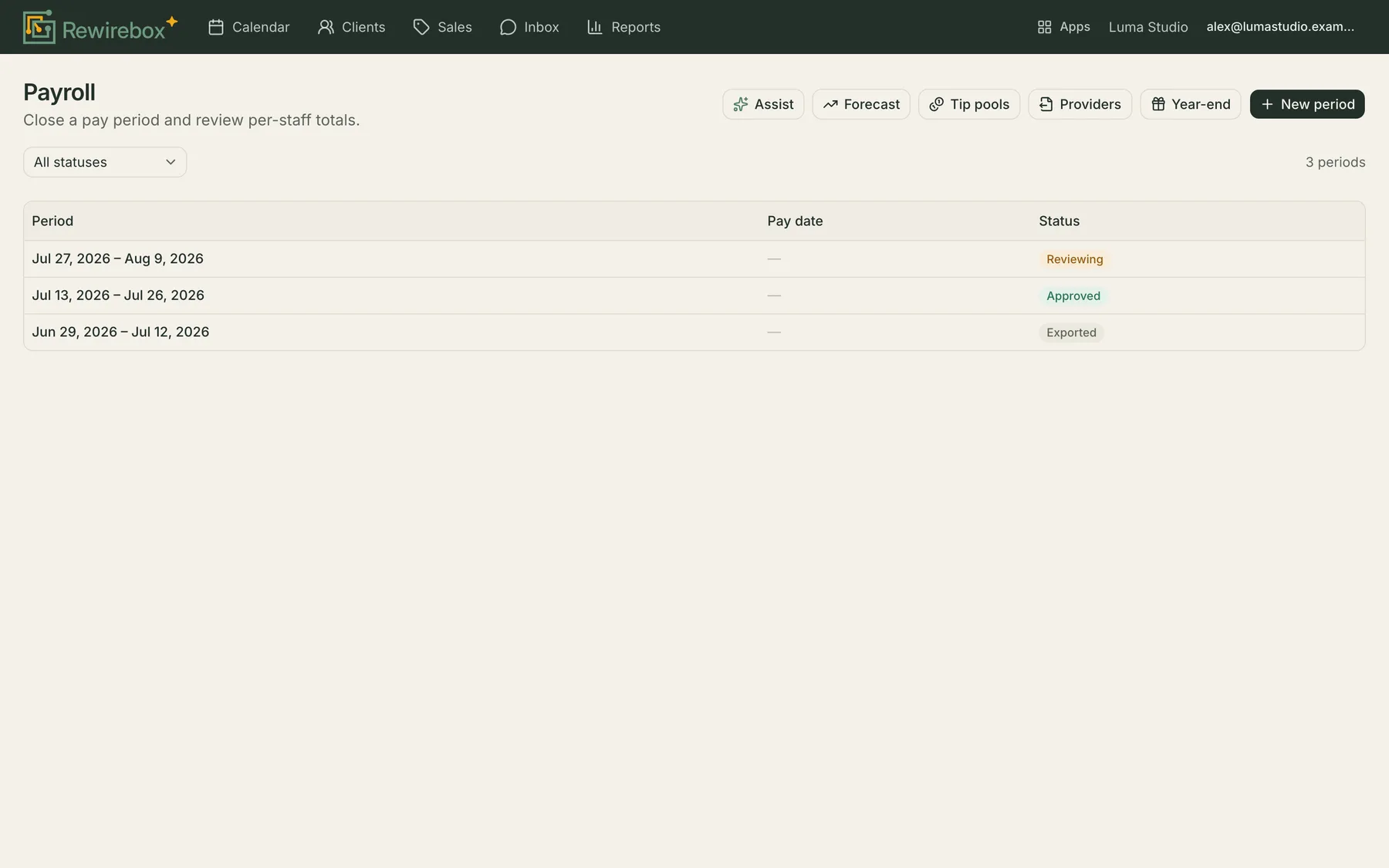 The payroll screen listing three pay periods with their date range and status — one under review, one approved, one exported.