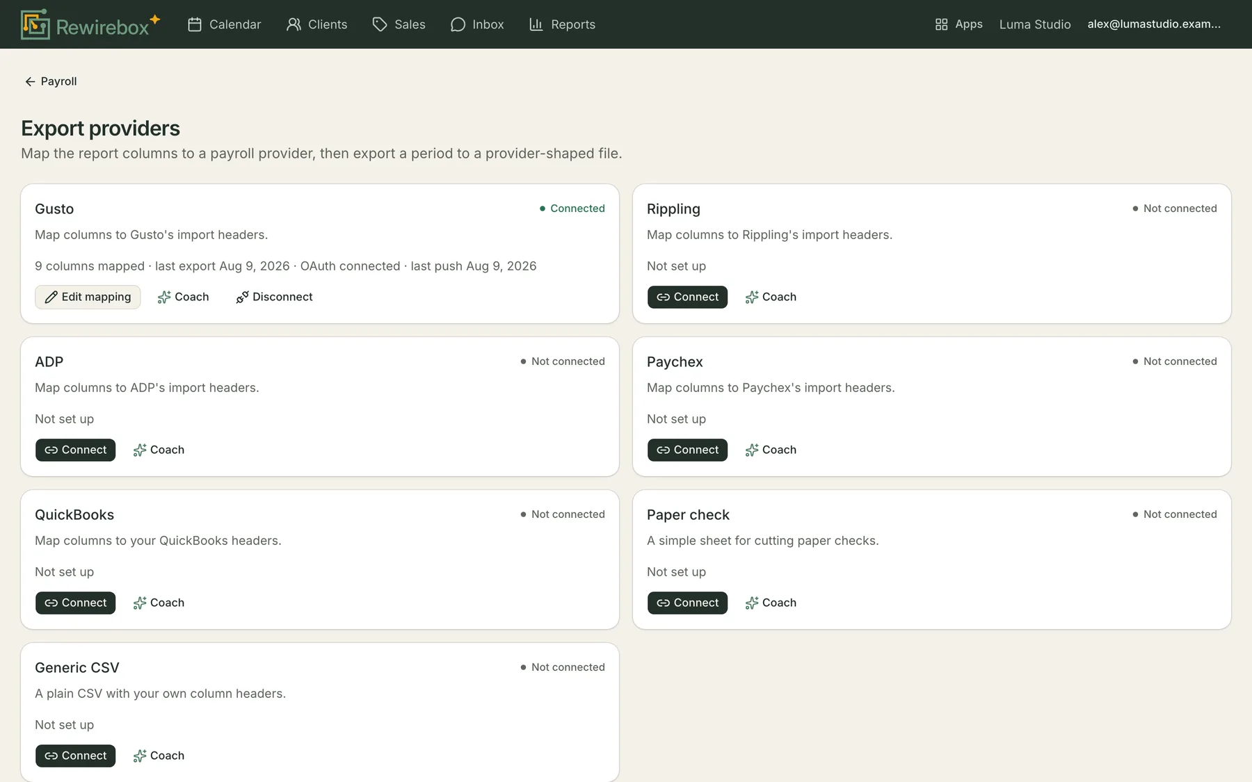 The export providers screen: Gusto connected with nine columns mapped and a recent export, above six more providers each offering Connect and Coach buttons.