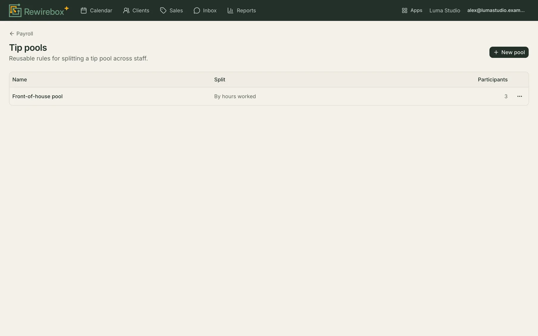 The tip pools screen listing a reusable rule named Front-of-house pool, split by hours worked across three participants.