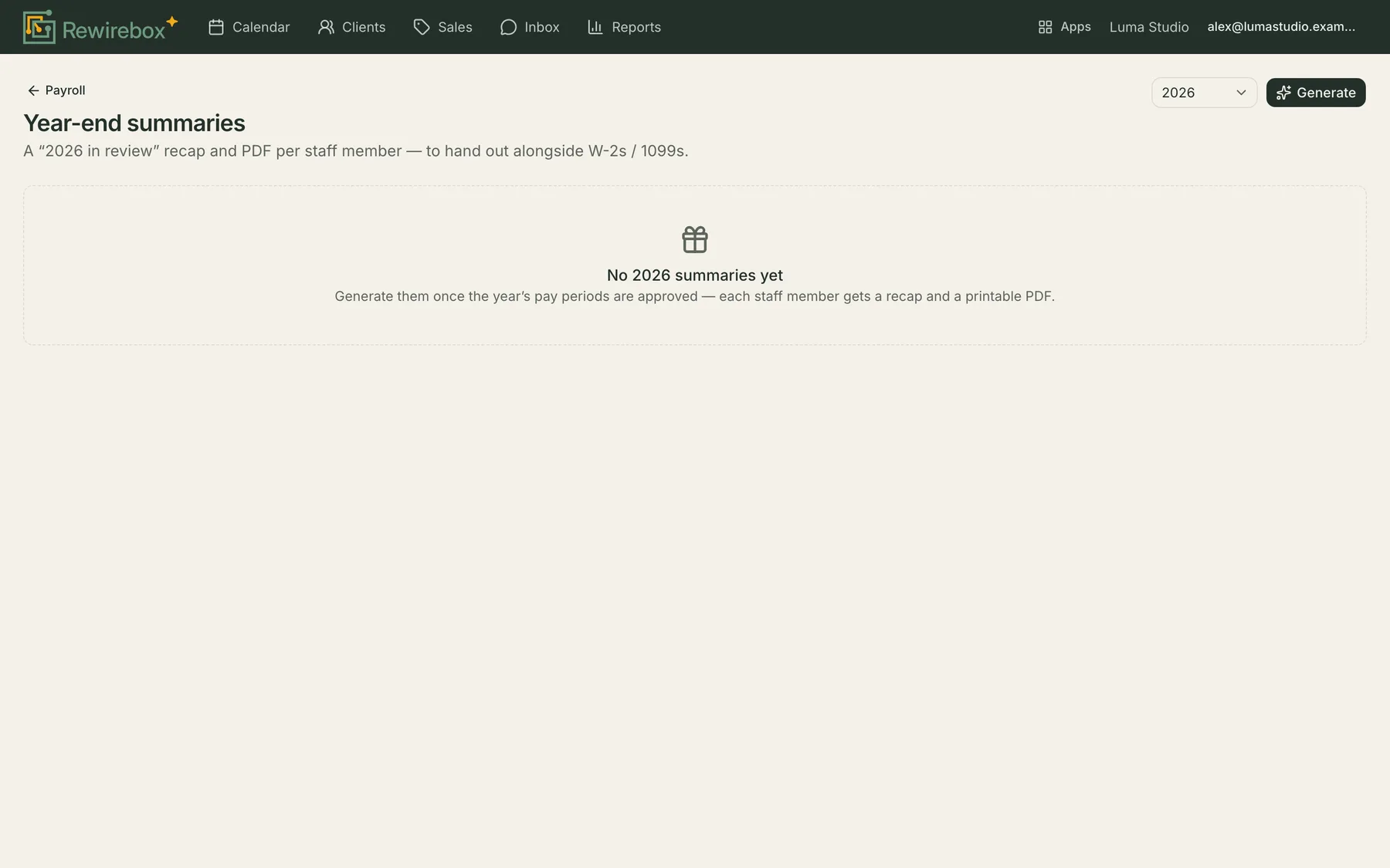 The year-end summaries screen with a year picker and Generate button, and a note that no summaries exist yet for the chosen year.