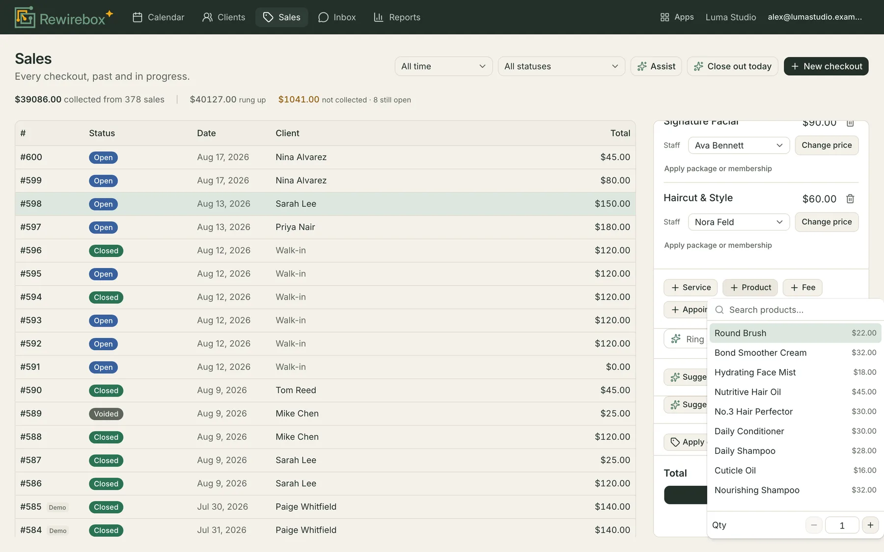 The product picker open over an unpaid checkout, listing every retail product with its price ready to add to the bill.